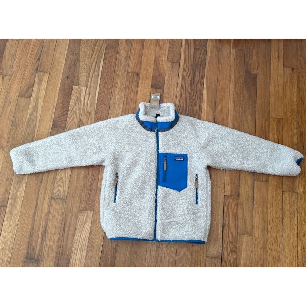 Patagonia Retro X Jacket Unisex Natural W/Balkan Blue Kids Sherpa Size S(7-8)